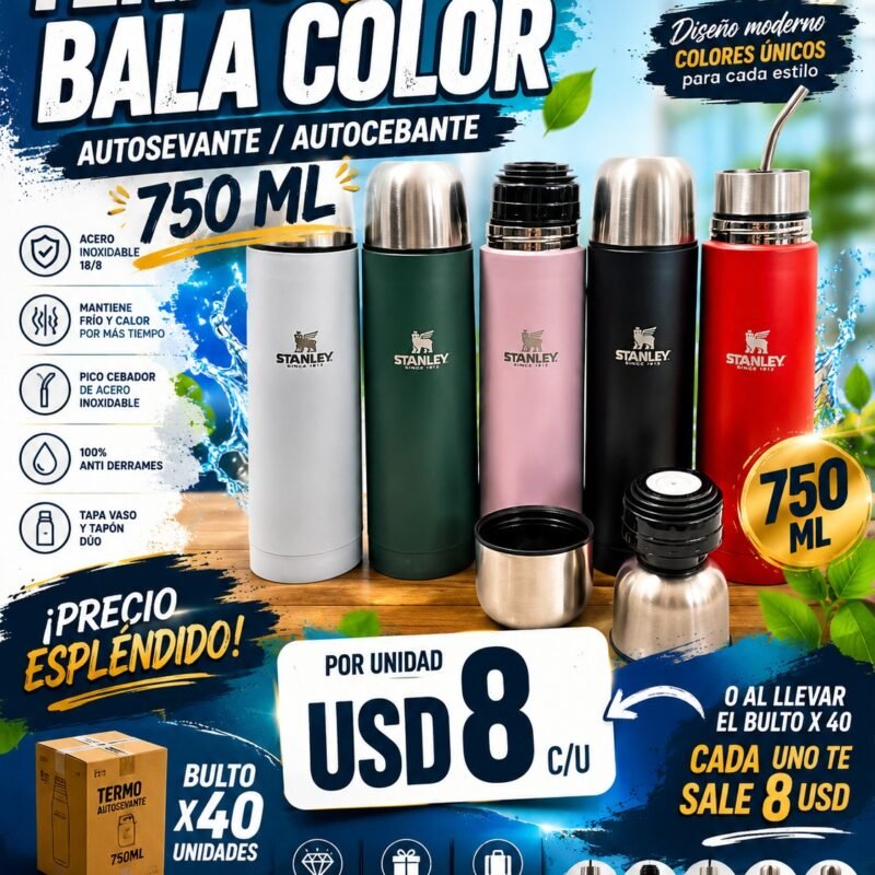 AUTOCEBANTE Y TERMO BALA COLOR(DUO) 750ML CON PICO CEBADOR DE ACERO X40 BULTO PRECIO DOLAR