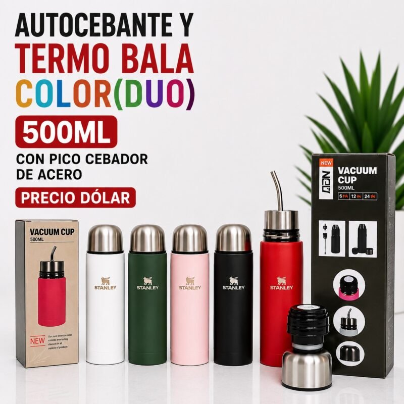 AUTOCEBANTE Y TERMO BALA COLOR(DUO) 500ML CON PICO CEBADOR DE ACERO X50 BULTO PRECIO DOLAR