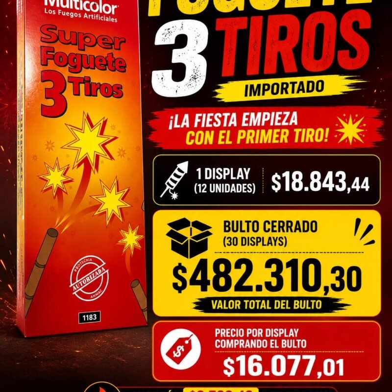 SUPER FOGUETE TRES TIROS IMPORTADO DISPLAY 4blisX3u=12 u CAJA